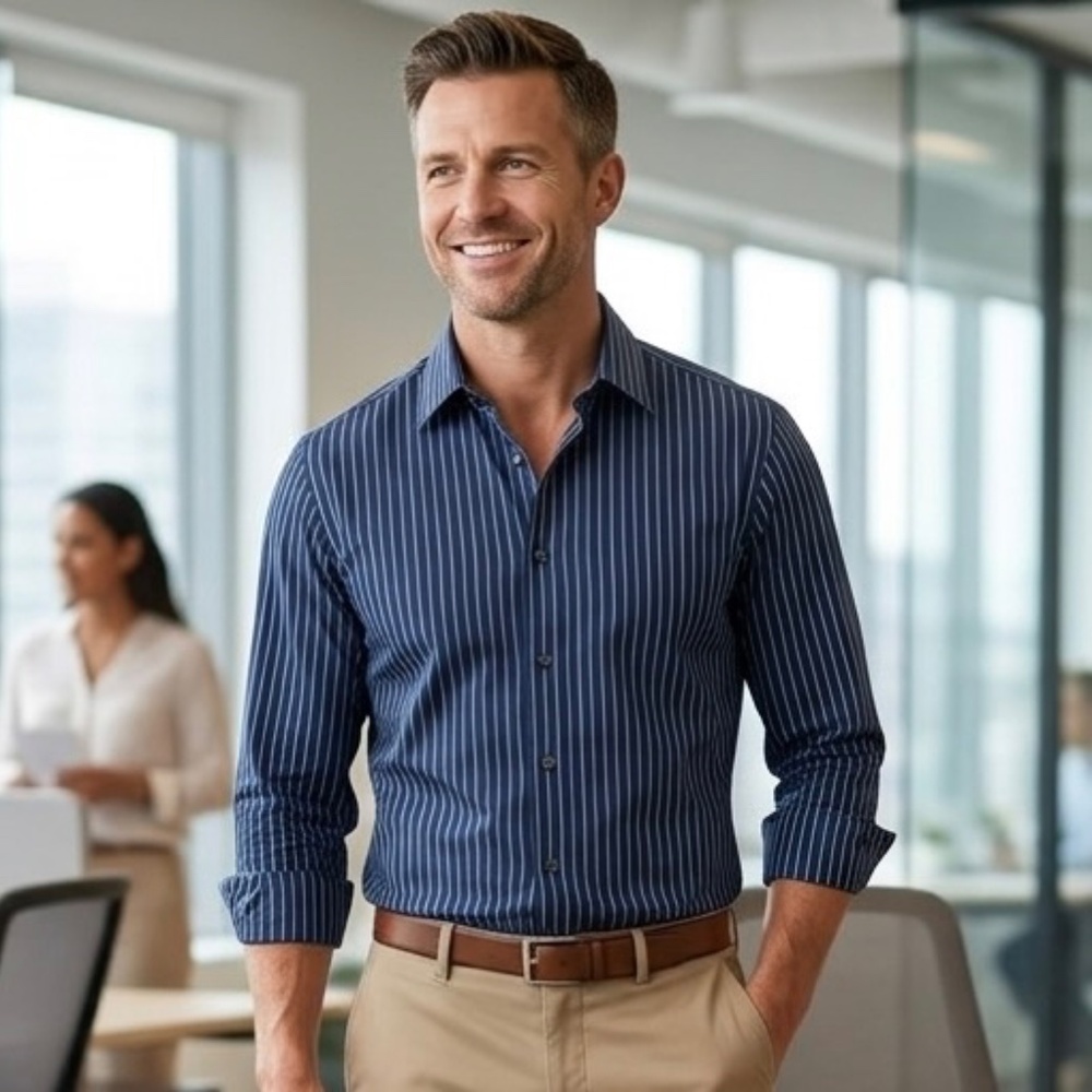 Calvin Klein Navy and White Striped Dress Shirt